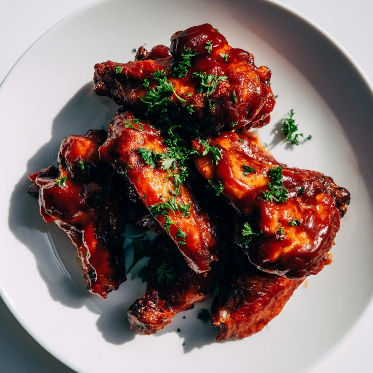Juicy, crispy Chicken Wing Platter with BBQ Sauce glistening on a platter with fresh celery sticks.
