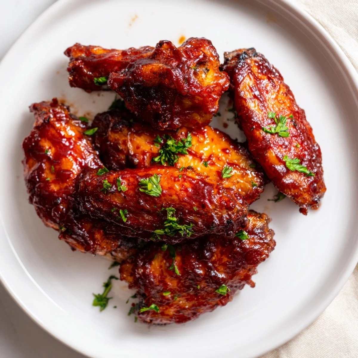 Freshly baked Chicken Wing Platter with BBQ Sauce garnished with parsley, served on a rustic wooden table.