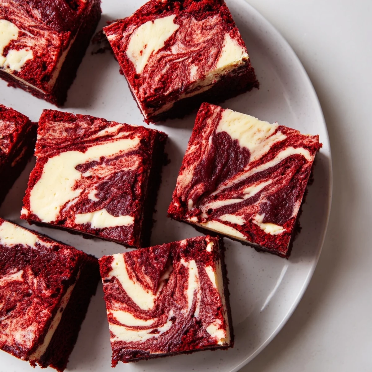 A close-up of Red Velvet Brownies with Cheesecake Swirl, showing a vibrant red crumb and creamy white swirls on a marble counter.  