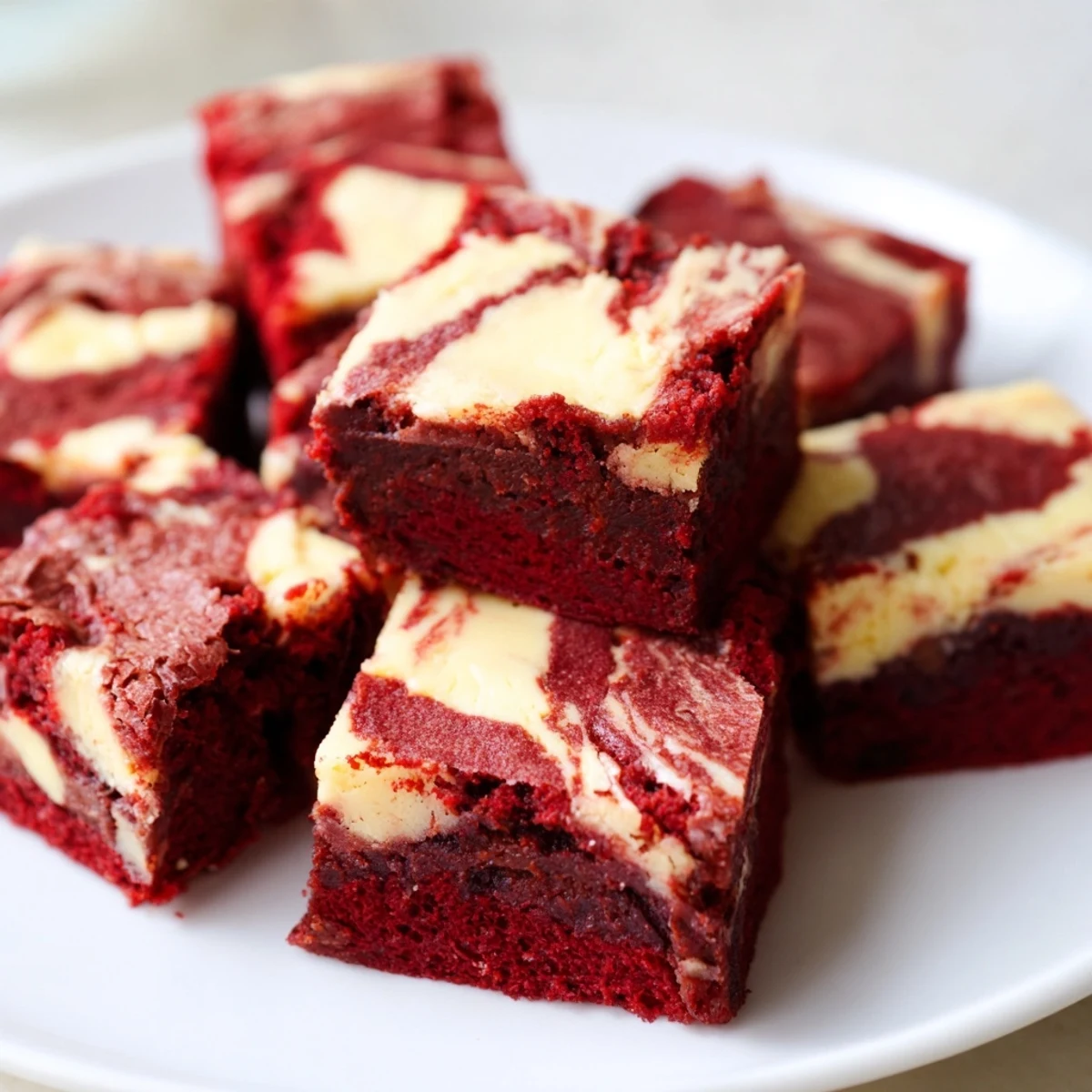 Overhead view of Red Velvet Brownies with Cheesecake Swirl squares arranged on a white plate with fresh strawberries and powdered sugar.