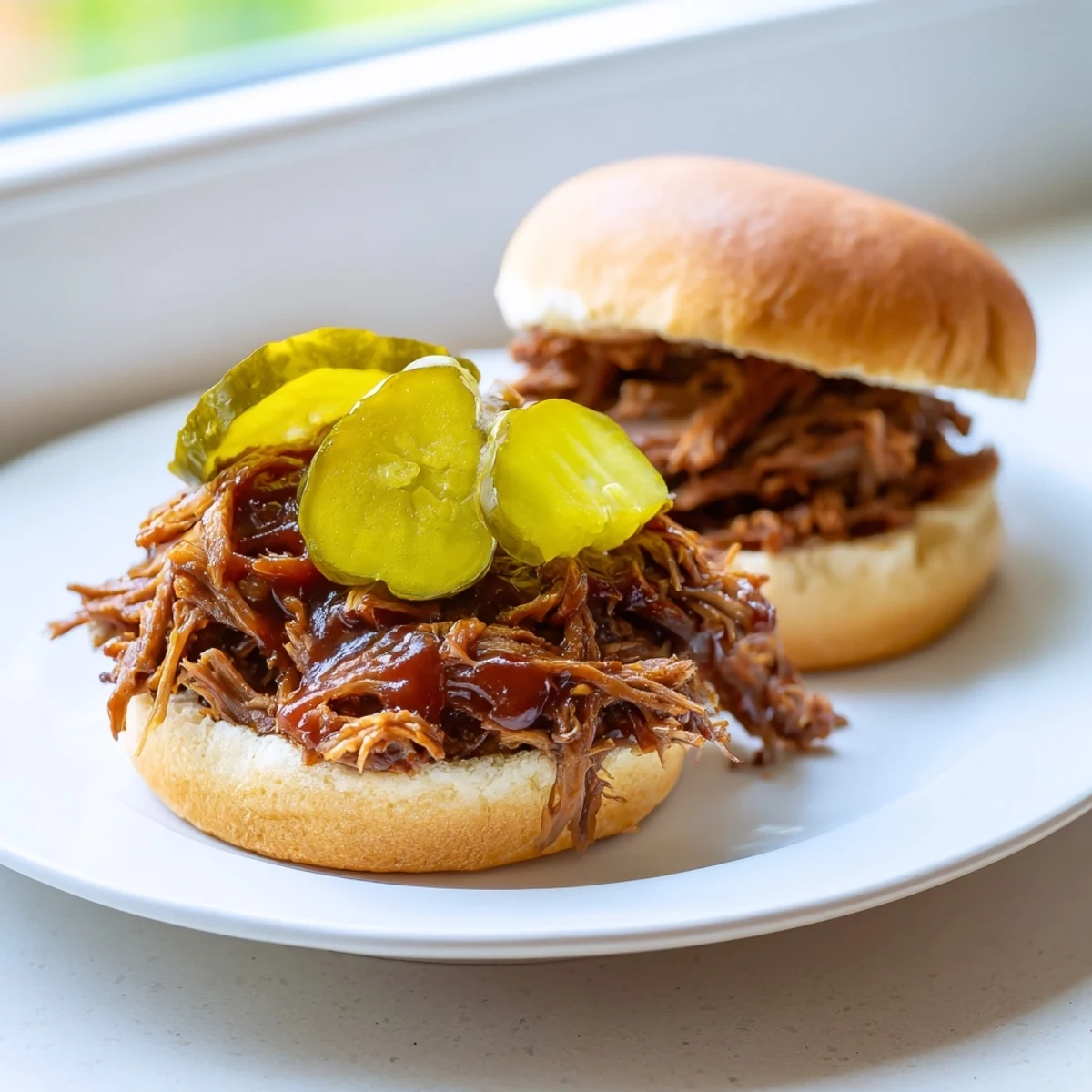 Golden toasted slider buns filled with juicy shredded beef and crisp dill pickle slices.