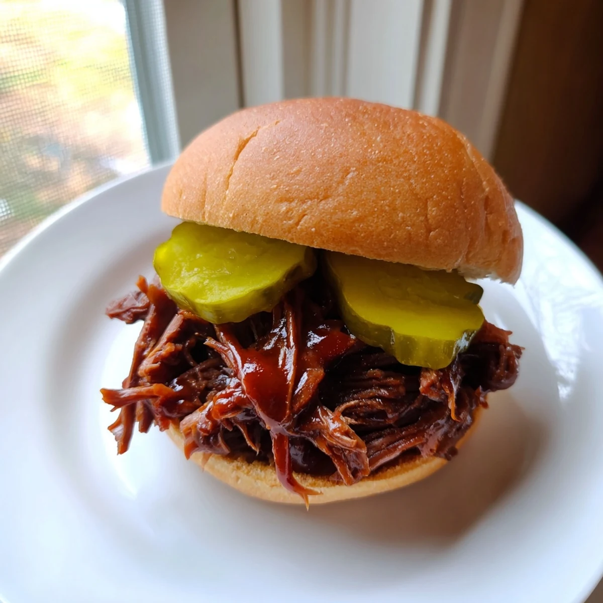 American-style pulled beef sliders ready to serve with pickles and a side of slaw.
