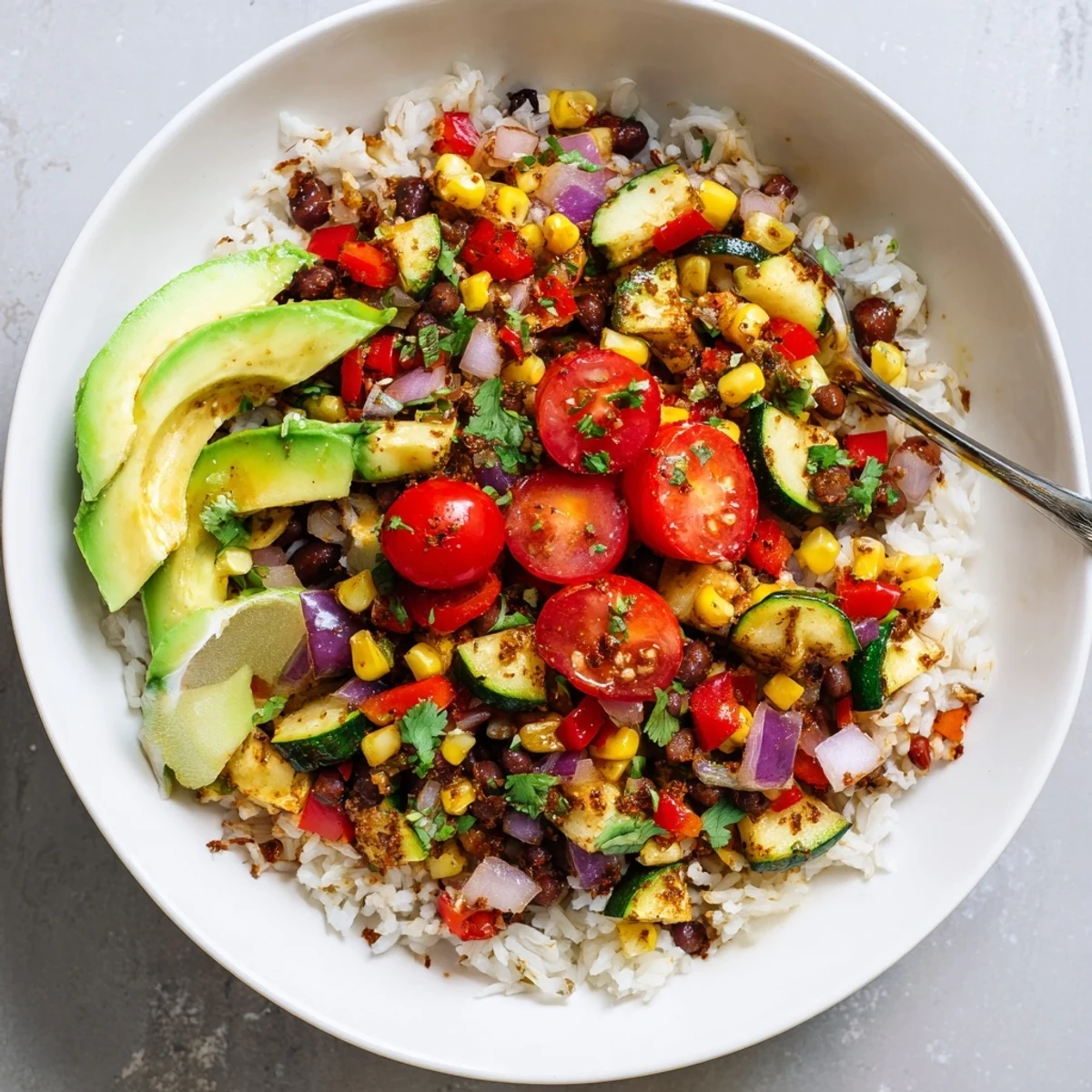 A vibrant bowl of Veggie Rice Bowl with Cajun Spices, featuring colorful vegetables, black beans, and fresh cilantro garnish.  