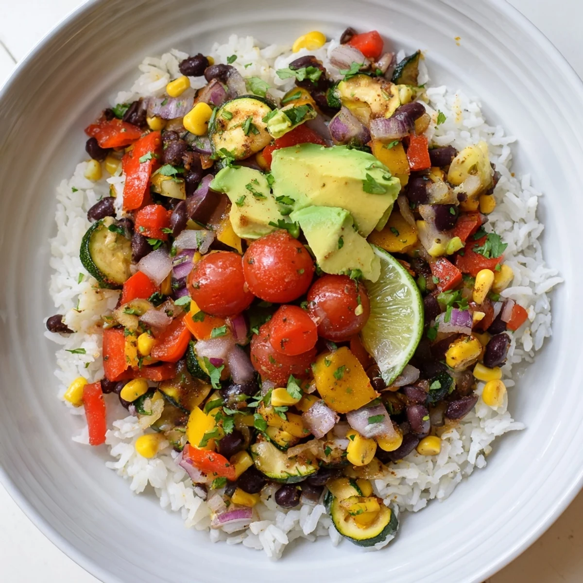 Hearty Veggie Rice Bowl with Cajun spices, showcasing sautéed peppers, onions, and cherry tomatoes over fluffy rice.