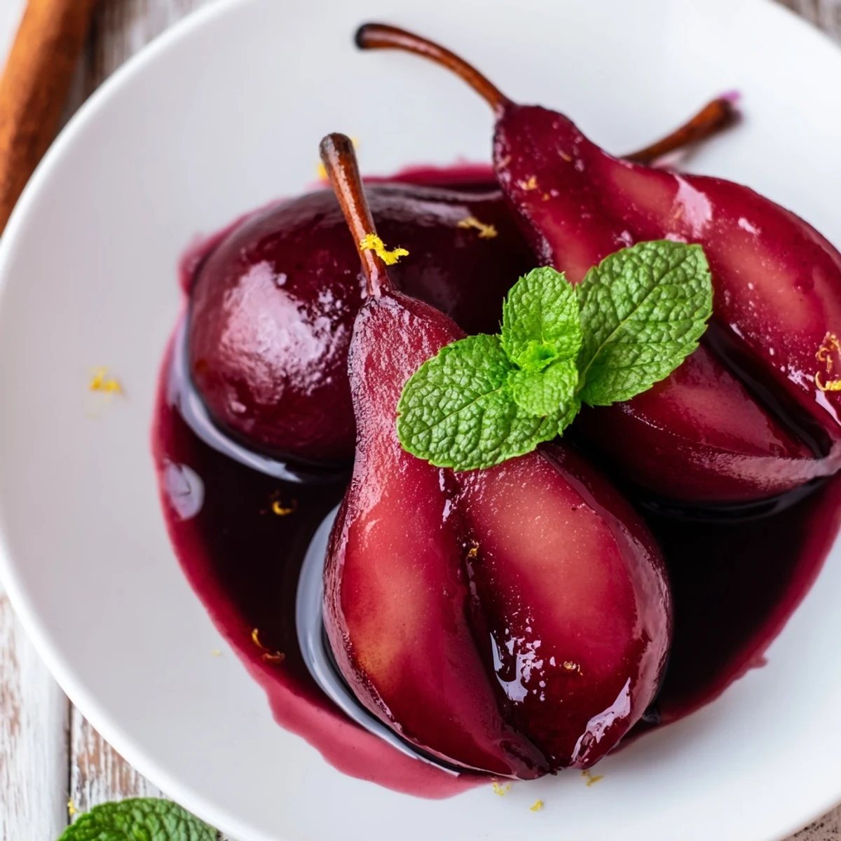 Four tender Poached Pears in Grape Juice rest in a shallow white bowl, glistening with a deep purple syrup and garnished with fresh mint.