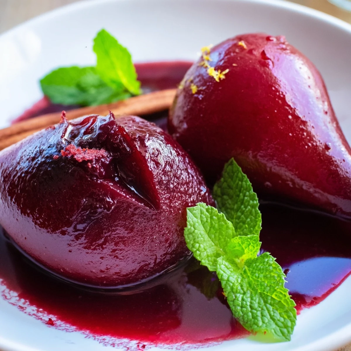 Two warm Poached Pears in Grape Juice are served atop a scoop of creamy vanilla ice cream, with a cinnamon stick resting nearby.