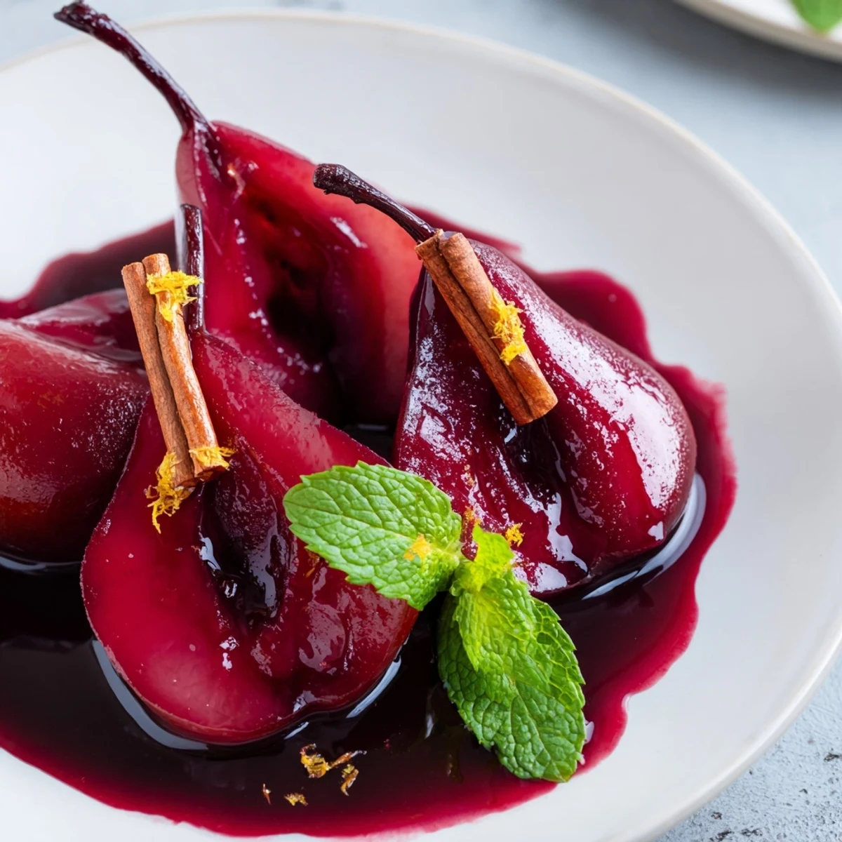 An overhead view showcases the vibrant red syrup and delicate Poached Pears in Grape Juice, ready to be enjoyed with a drizzle of rich sauce.