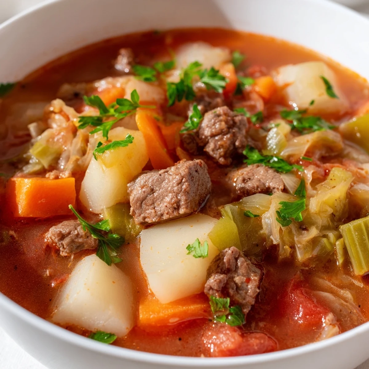 Steaming Cabbage and Beef Soup with Potatoes in a rustic bowl, with tender beef chunks, sweet cabbage, and hearty potatoes in a savory broth.
