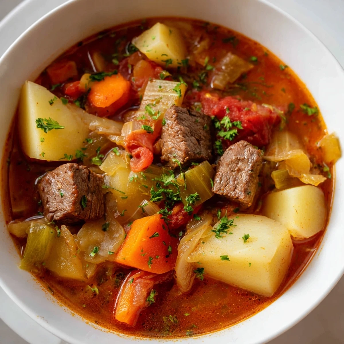 A cozy pot of Cabbage and Beef Soup with Potatoes simmering on the stove, garnished with fresh parsley and served alongside crusty bread.