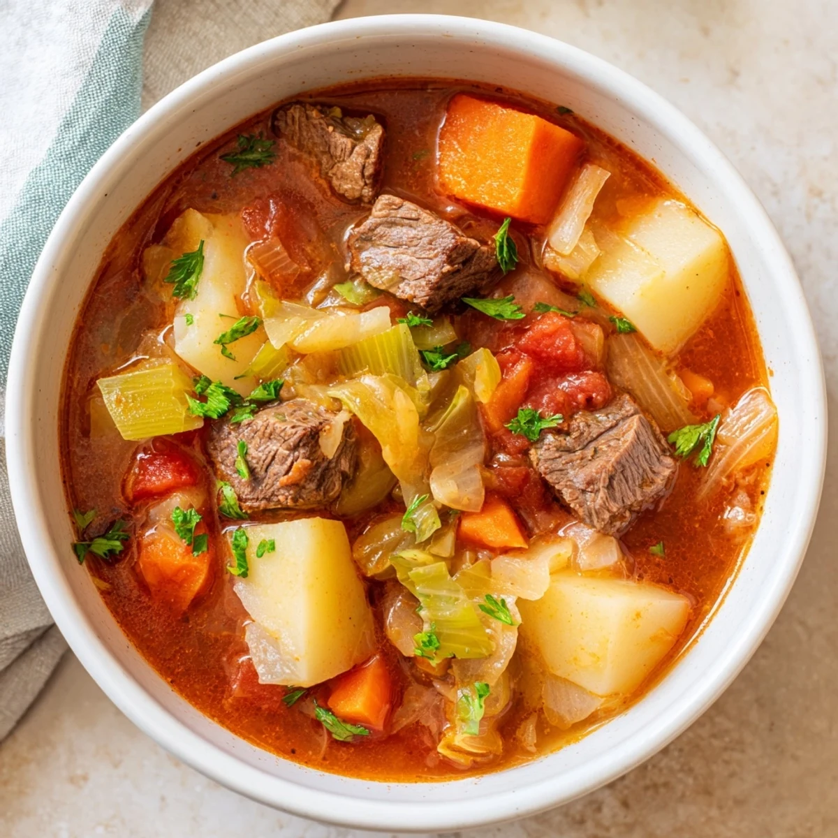Close-up of a ladle scooping Cabbage and Beef Soup with Potatoes, revealing colorful carrots and celery in a rich, tomato-infused broth.