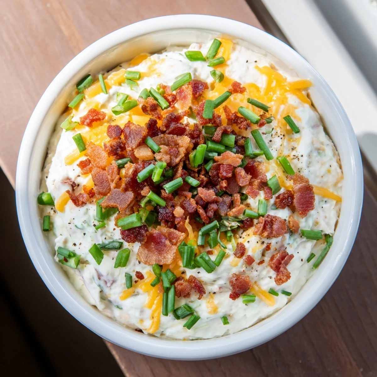 A close-up of loaded baked potato dip in a white bowl, garnished with crumbled bacon, chives, and shredded cheddar, served with crispy potato chips for dipping.