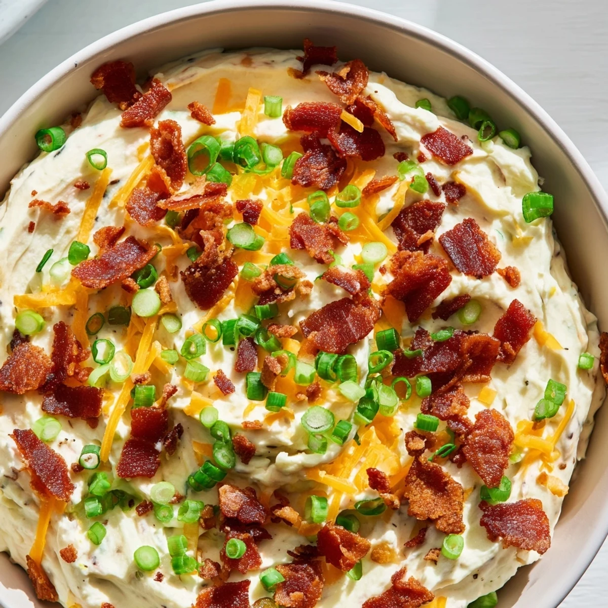 Homemade loaded baked potato dip with sour cream, cheddar, and bacon, scooped with a sturdy potato chip, ideal for game day snacking or potlucks.