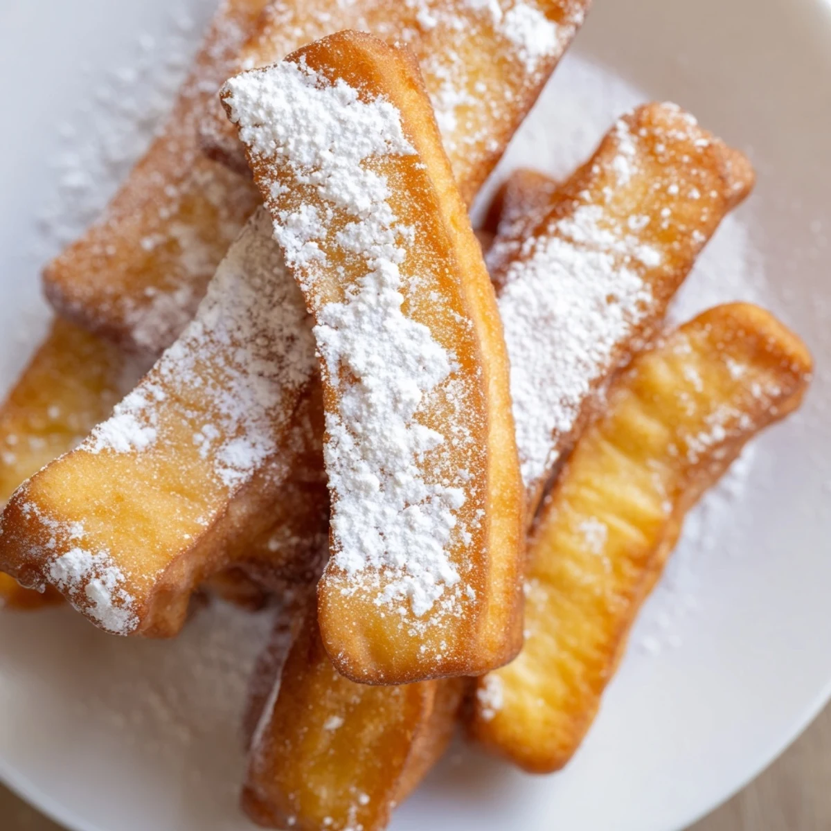 Warm beignet fries piled on a plate, dusted heavily with powdered sugar beside a glass of milk.