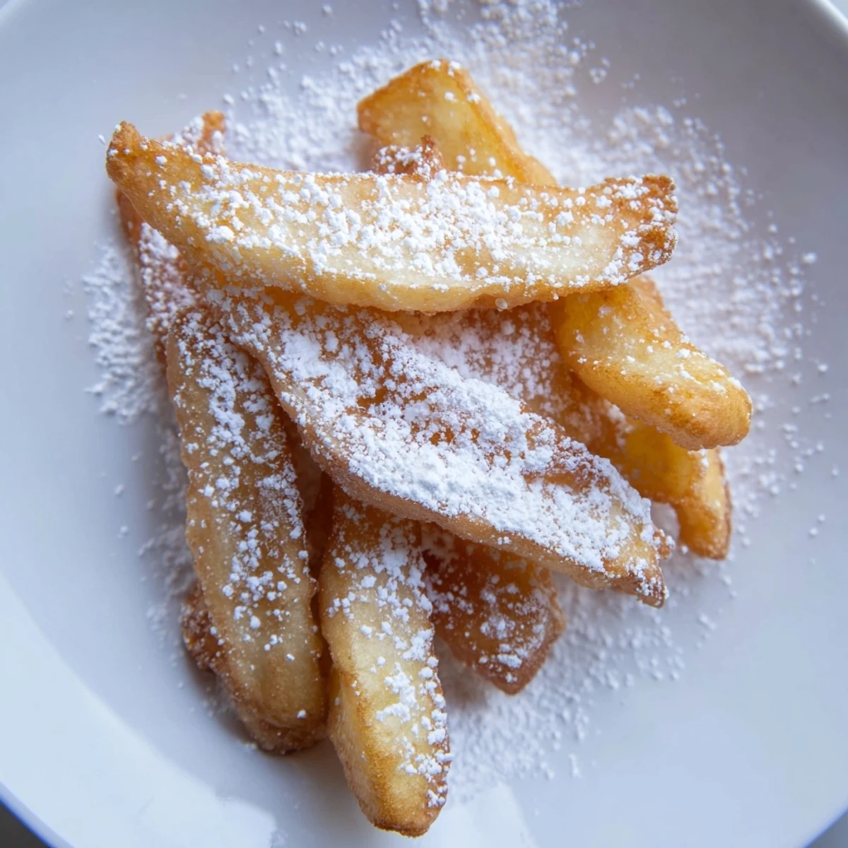 Crispy golden beignet fries with powdered sugar, arranged neatly on a rustic wooden board for snacking.