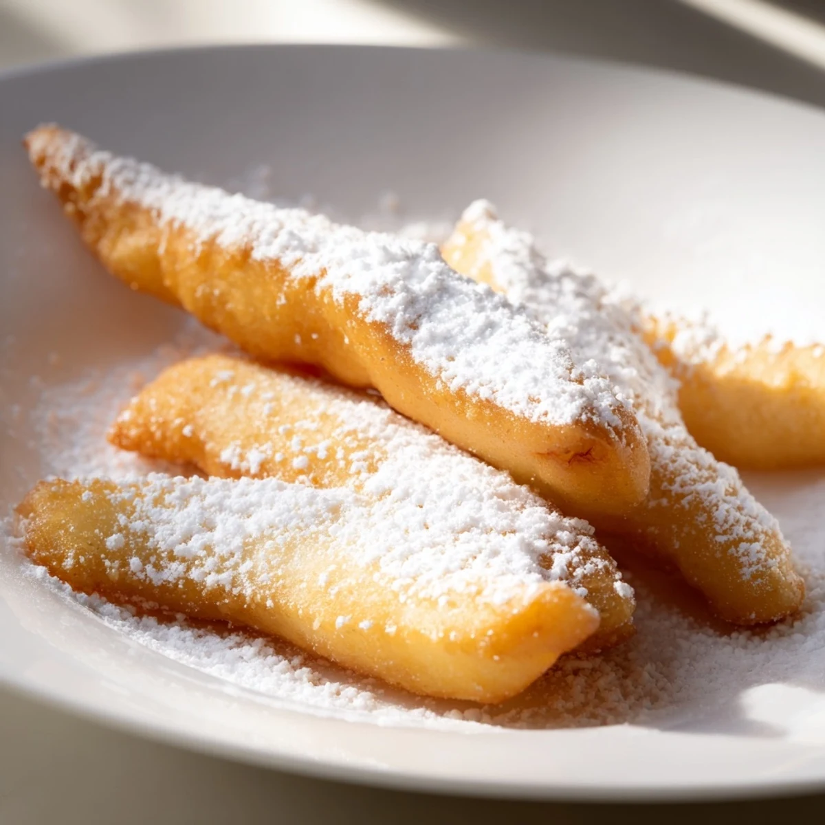 New Orleans-style beignet fries, golden brown and powdered sugar-dusted, ready for dipping in chocolate sauce.