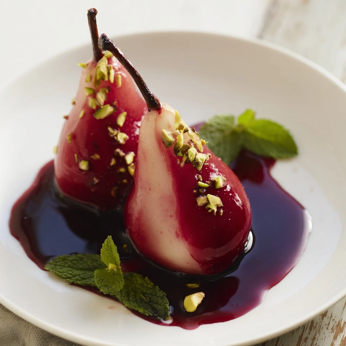 Poached pears in grape juice syrup, garnished with mint, served alongside creamy vanilla ice cream.  