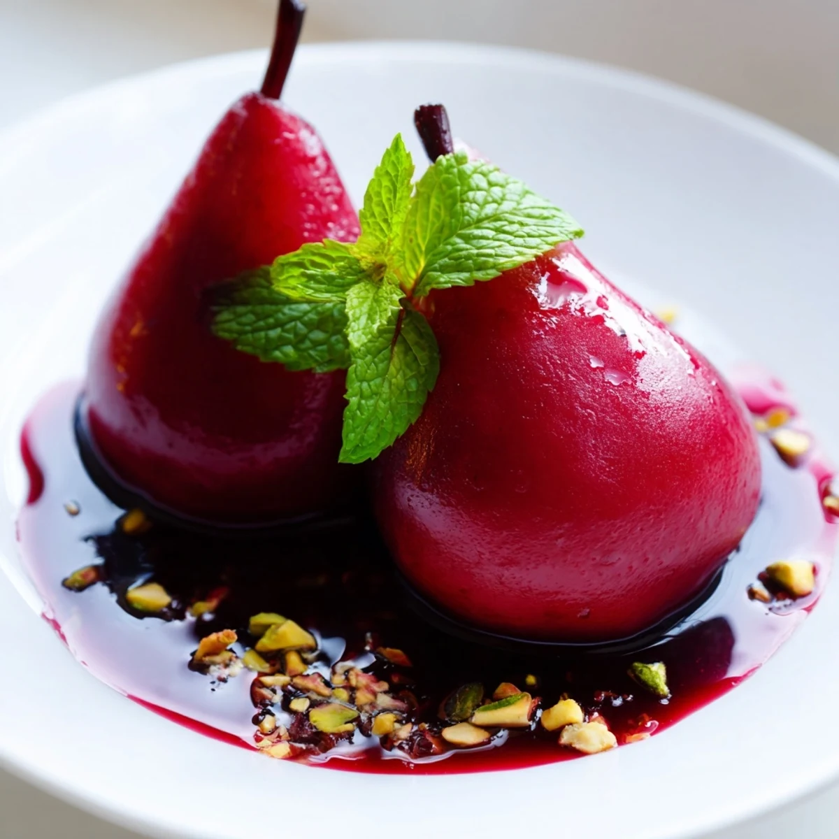 Perfectly poached pears simmer in a fragrant grape juice syrup, offering a light and elegant dessert.  