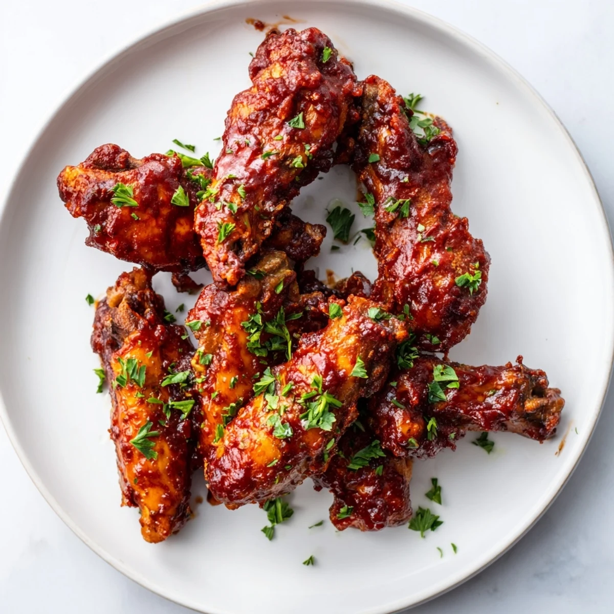 A close-up of crispy chicken wings coated in rich, tangy BBQ sauce, arranged on a platter ready for game day snacking.  