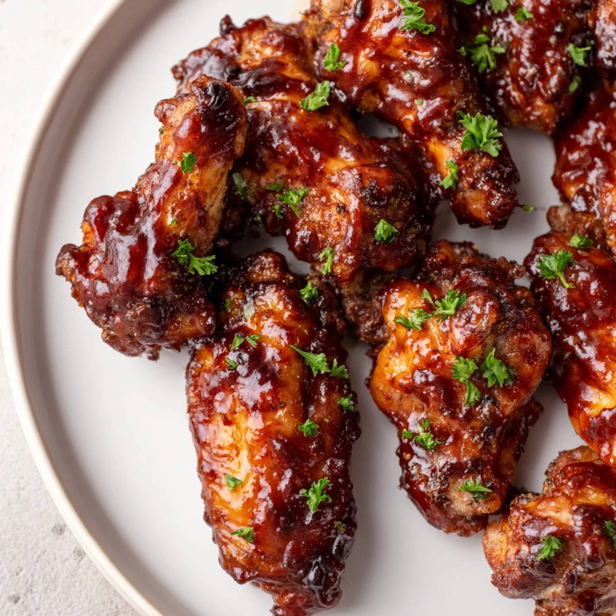 Golden-brown, oven-baked chicken wings glisten with smoky BBQ sauce on a rustic platter, garnished with fresh parsley and served with crisp celery sticks.  