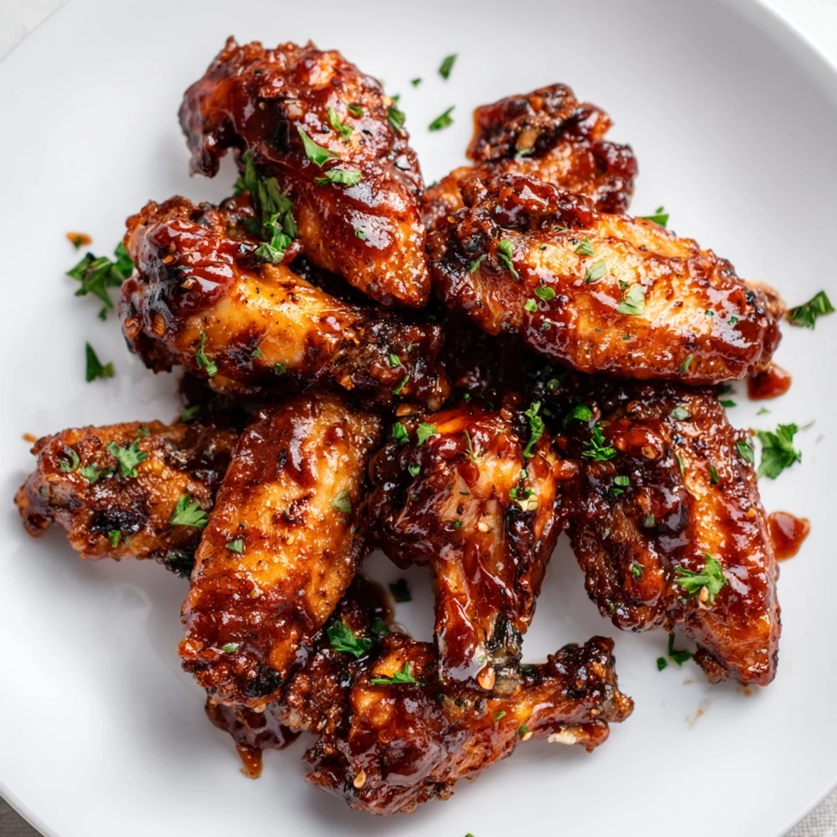 A platter of juicy, oven-baked chicken wings tossed in homemade BBQ sauce, paired with crunchy carrot and celery sticks.