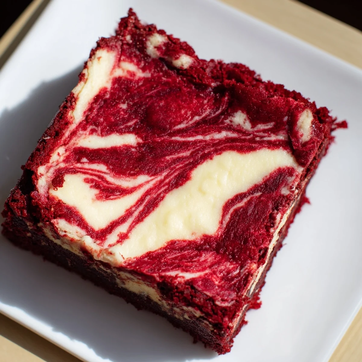 Frosted red velvet brownies with cheesecake swirl on a marble slab, topped with fresh raspberries for a festive dessert. 
