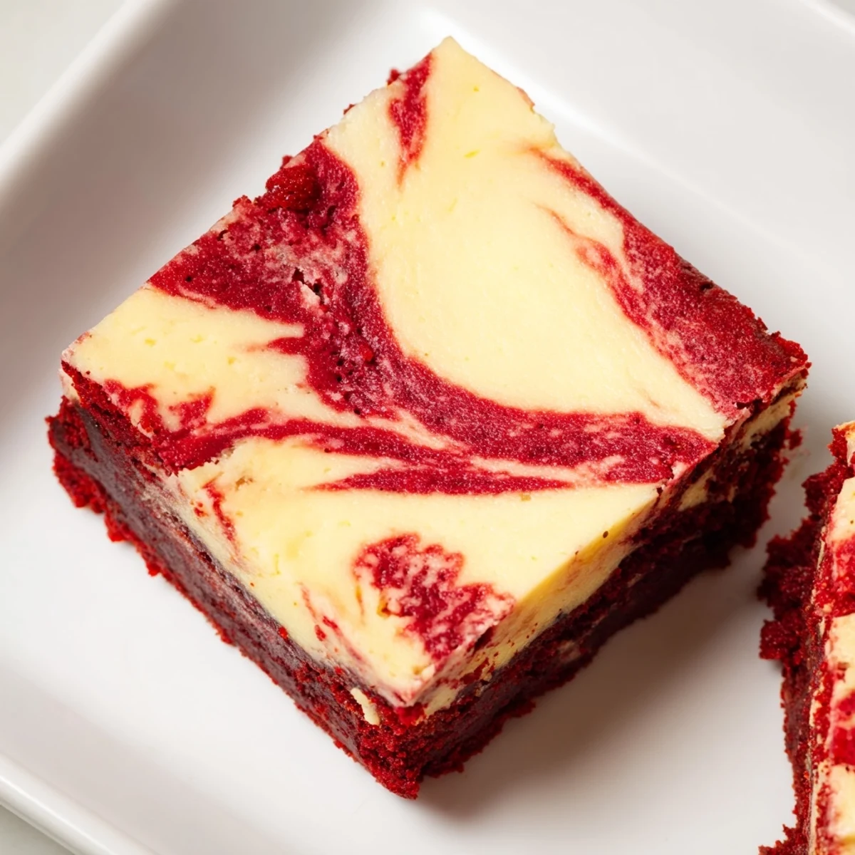 Decadent red velvet brownies with creamy cheesecake swirl, sliced into squares with vibrant red and white marbling. 