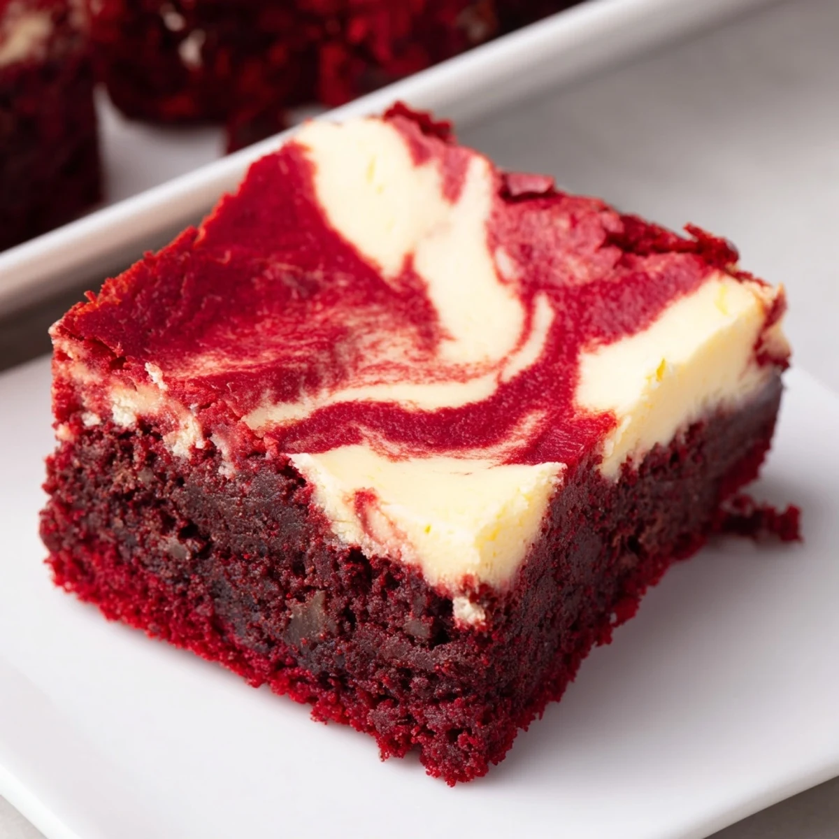 Warm red velvet brownies with cheesecake swirl served on a white plate with a dusting of powdered sugar.