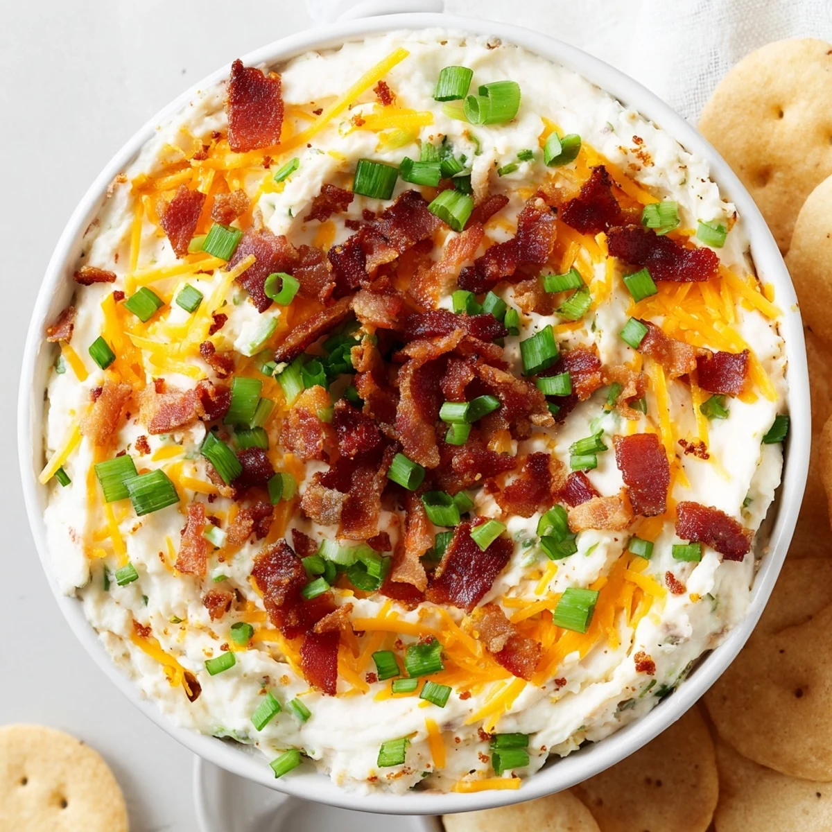 Golden potato chips are stacked next to a creamy Loaded Baked Potato Dip garnished with crispy bacon bits and fresh chives.