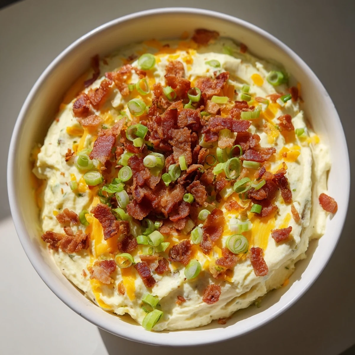 A close-up of Loaded Baked Potato Dip, topped with shredded sharp cheddar, crumbled bacon, and sliced green onions.