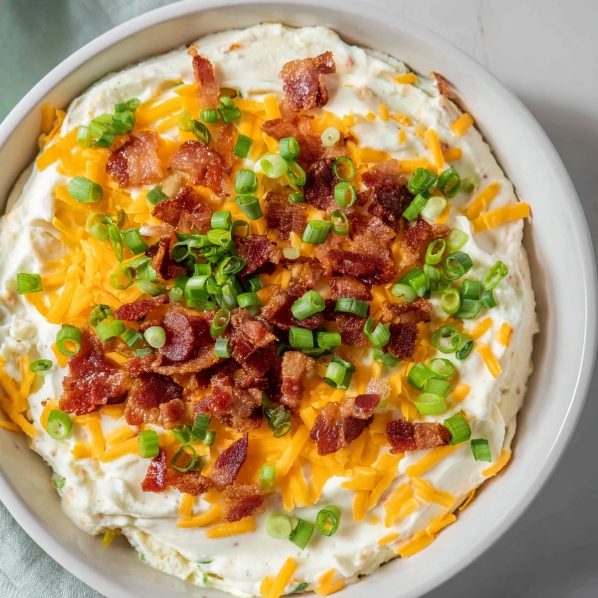 A savory Loaded Baked Potato Dip served with thick-cut potato chips, perfect for a party appetizer platter.