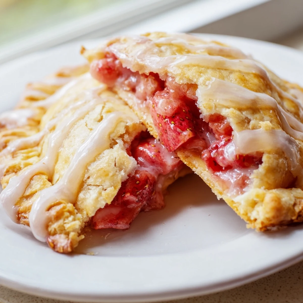 Freshly baked Strawberry Hand Pies with Glaze drizzled with vanilla icing, perfect for a sweet snack or picnic.