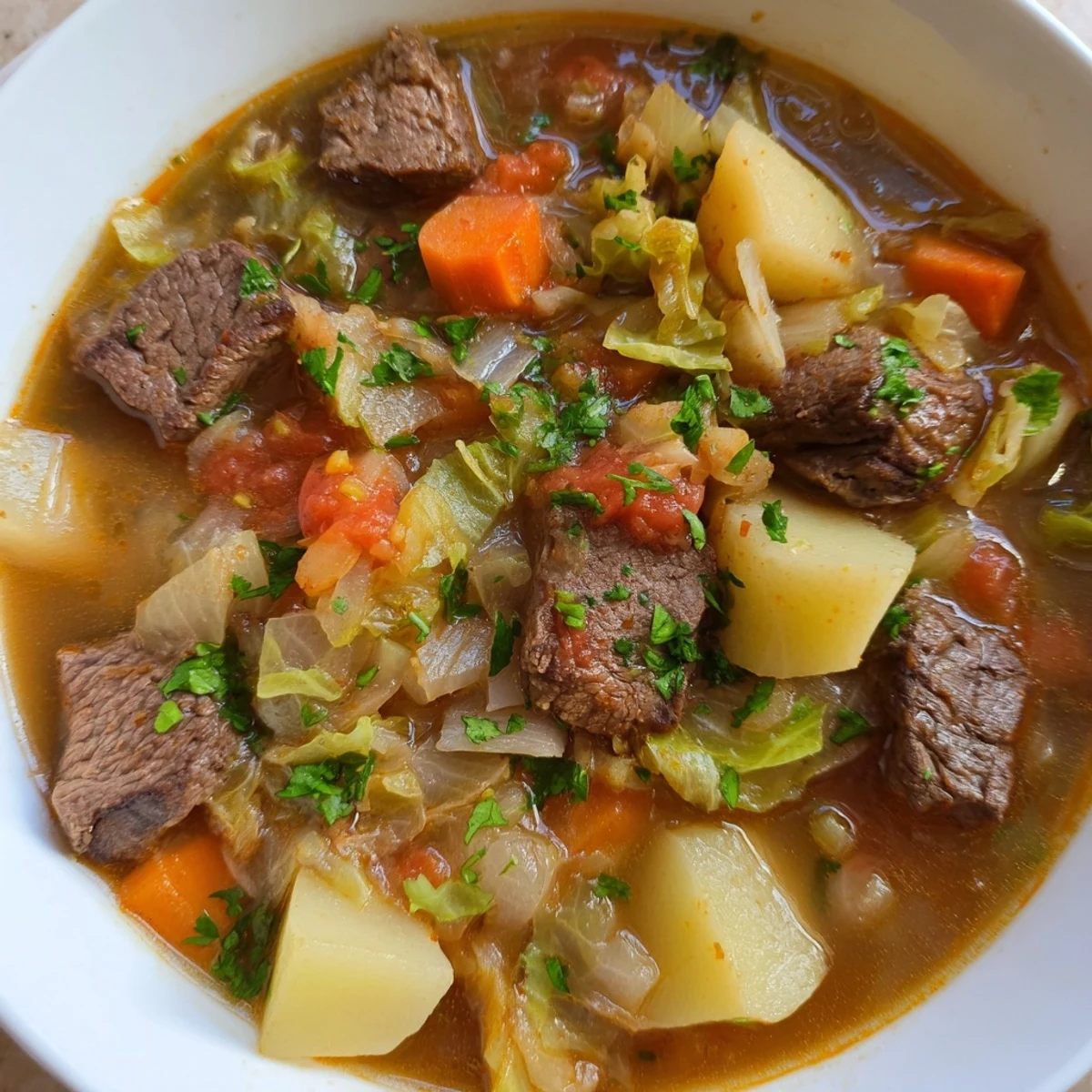 Steaming bowl of homemade Cabbage and Beef Soup with Potatoes, featuring tender beef cubes, soft potatoes, and savory broth perfect for cozy dinners.