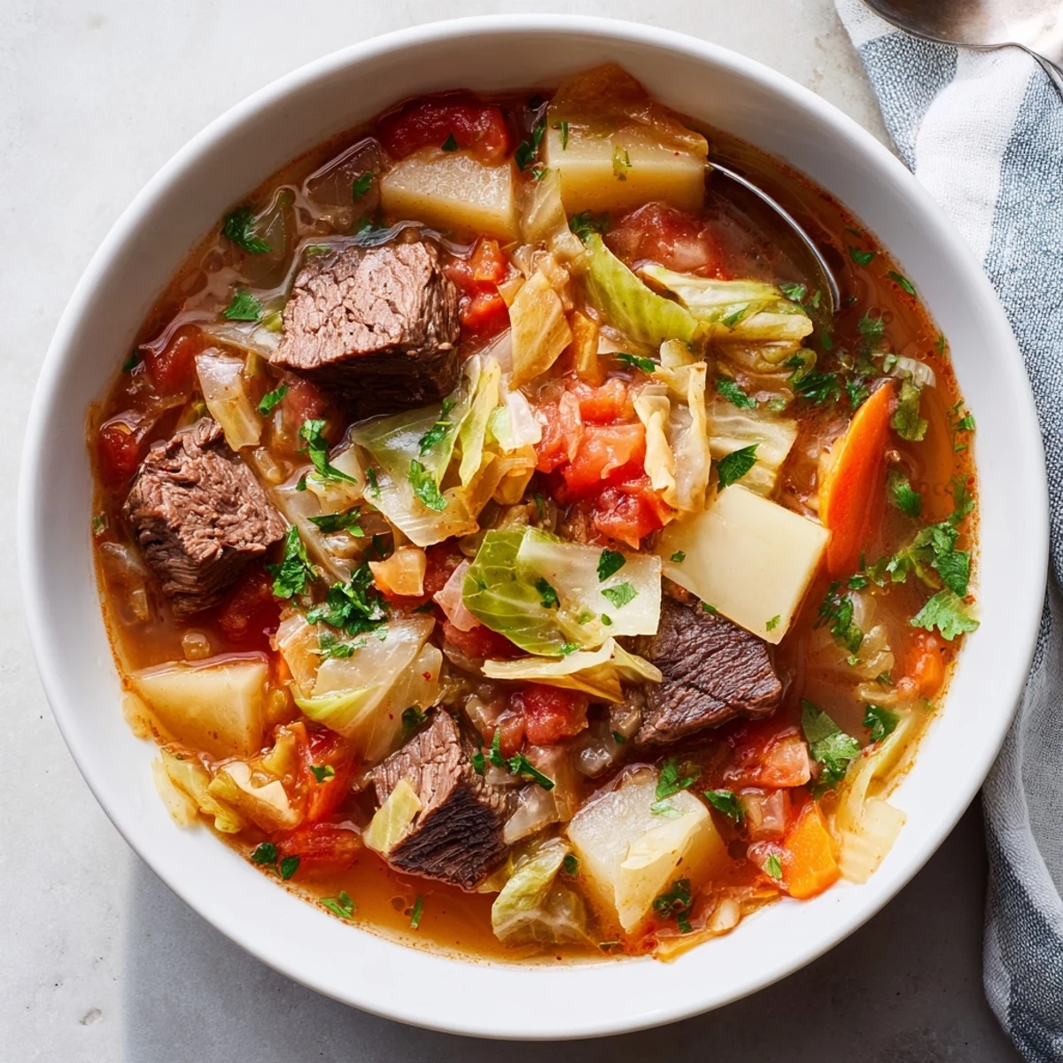 A close-up of Cabbage and Beef Soup with Potatoes, ladled from a pot with chunks of beef, cabbage, and carrots in a rich broth.