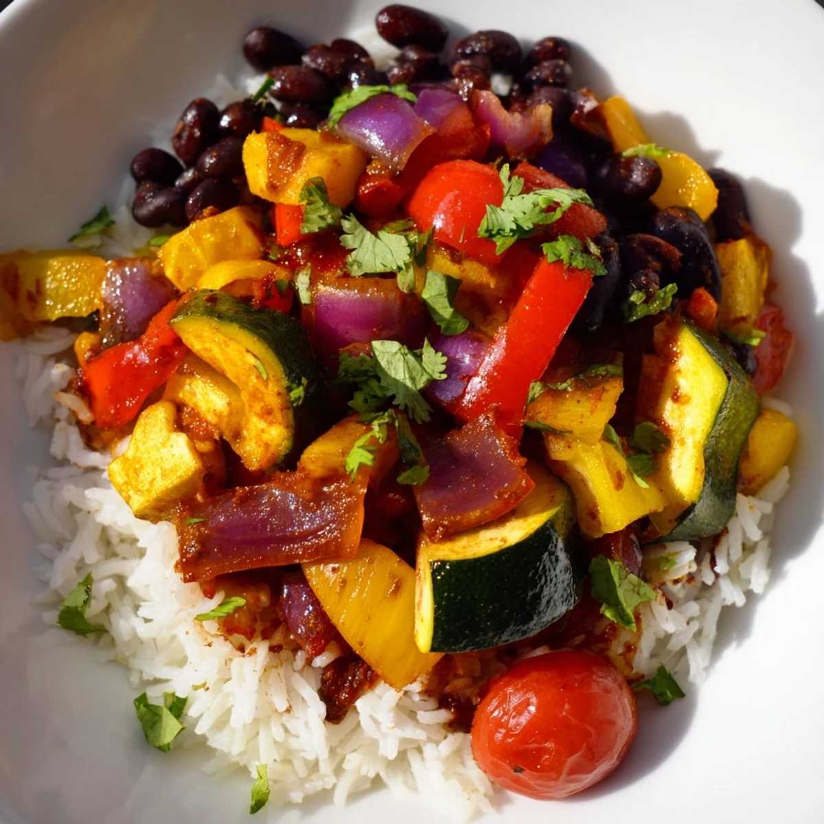 Golden-hued rice topped with sautéed Cajun-spiced vegetables, black beans, and corn in a vibrant Veggie Rice Bowl.