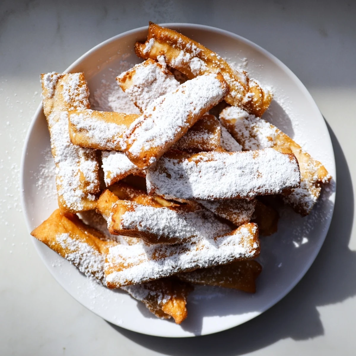 Golden brown beignet fries piled high, dusted with powdered sugar, offering a sweet, crunchy bite.