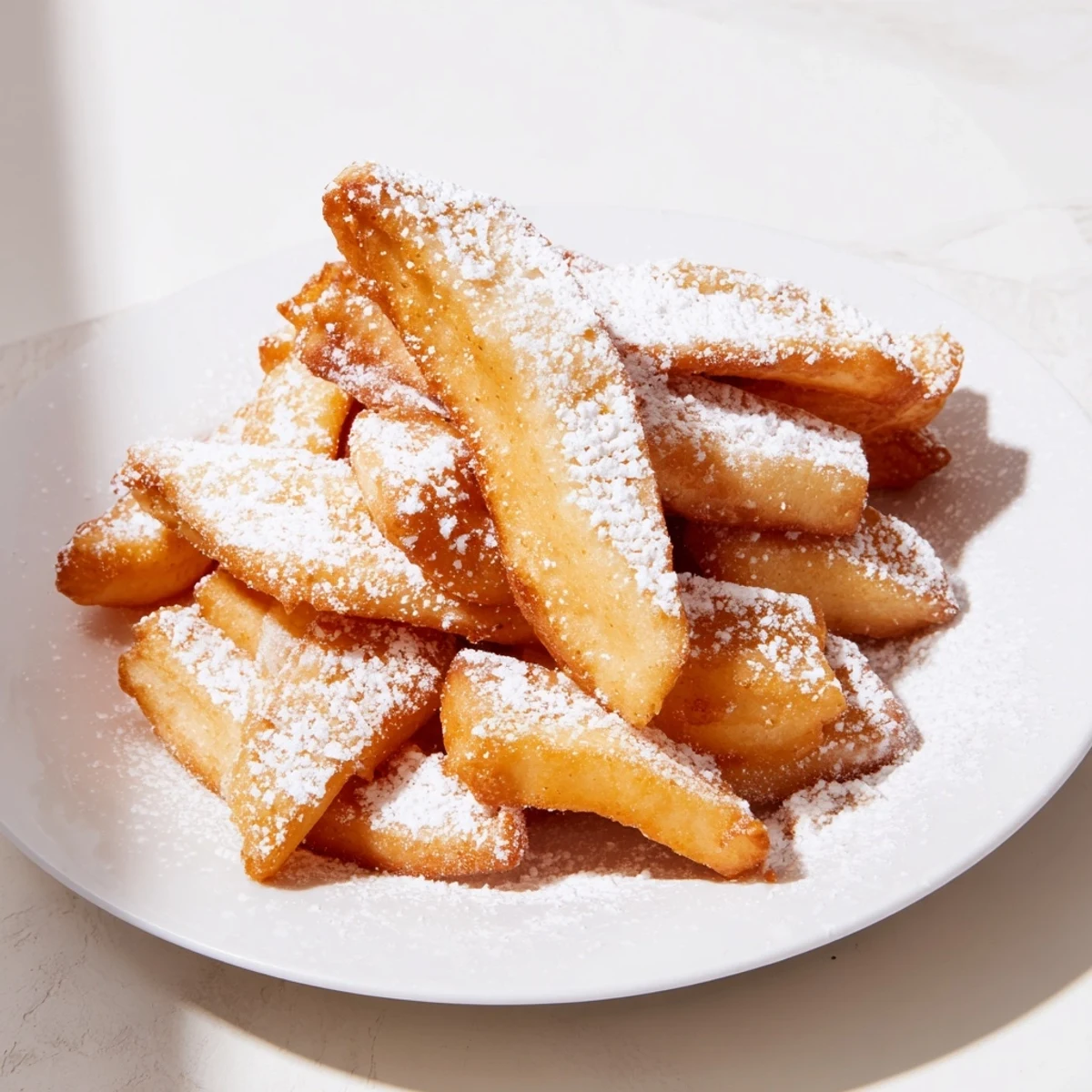 Warm beignet fries stacked on a plate, showcasing their crispy texture and sweet powdered sugar coating.