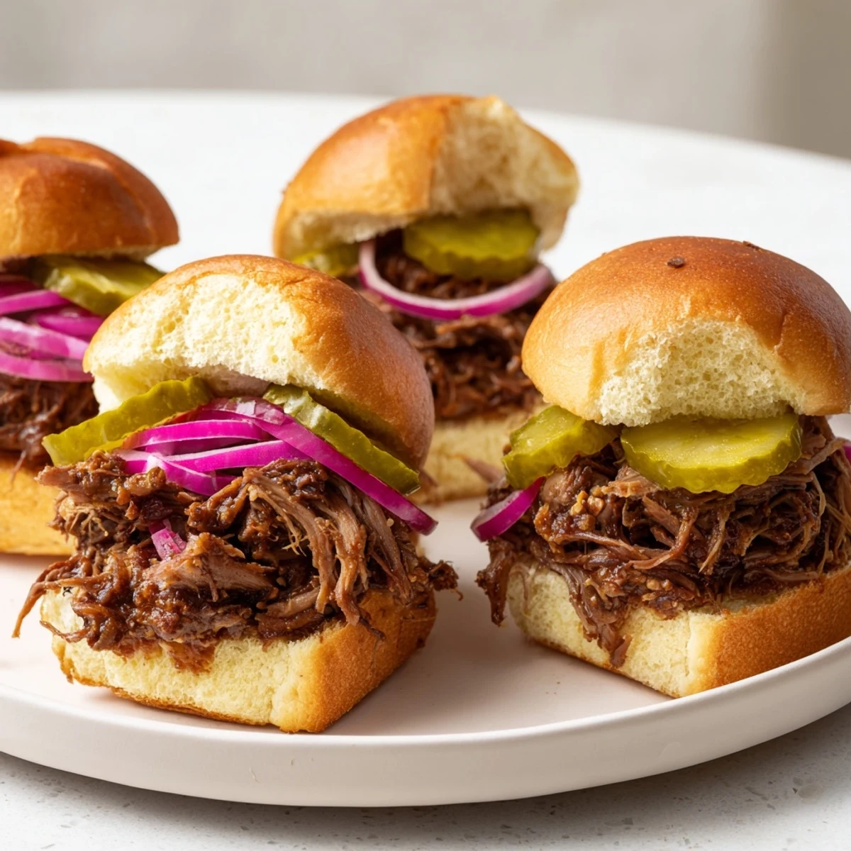 A close-up of juicy Pulled Beef Sliders with Pickles and Onion ready to serve.
