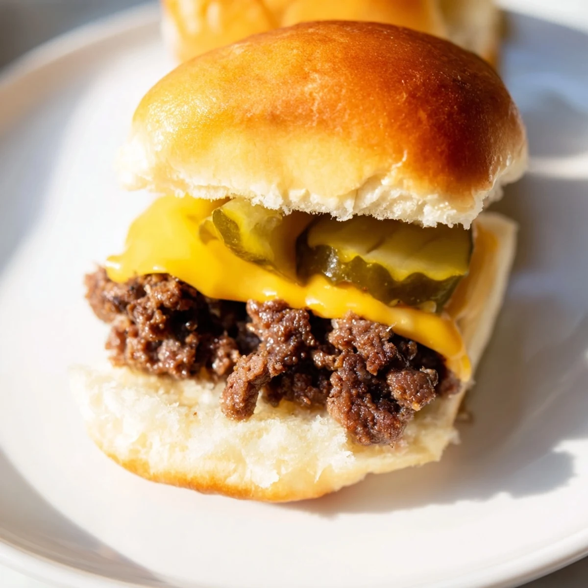 Close-up of a beef slider with cheese and pickles on a fluffy bun, dripping with melted cheese.