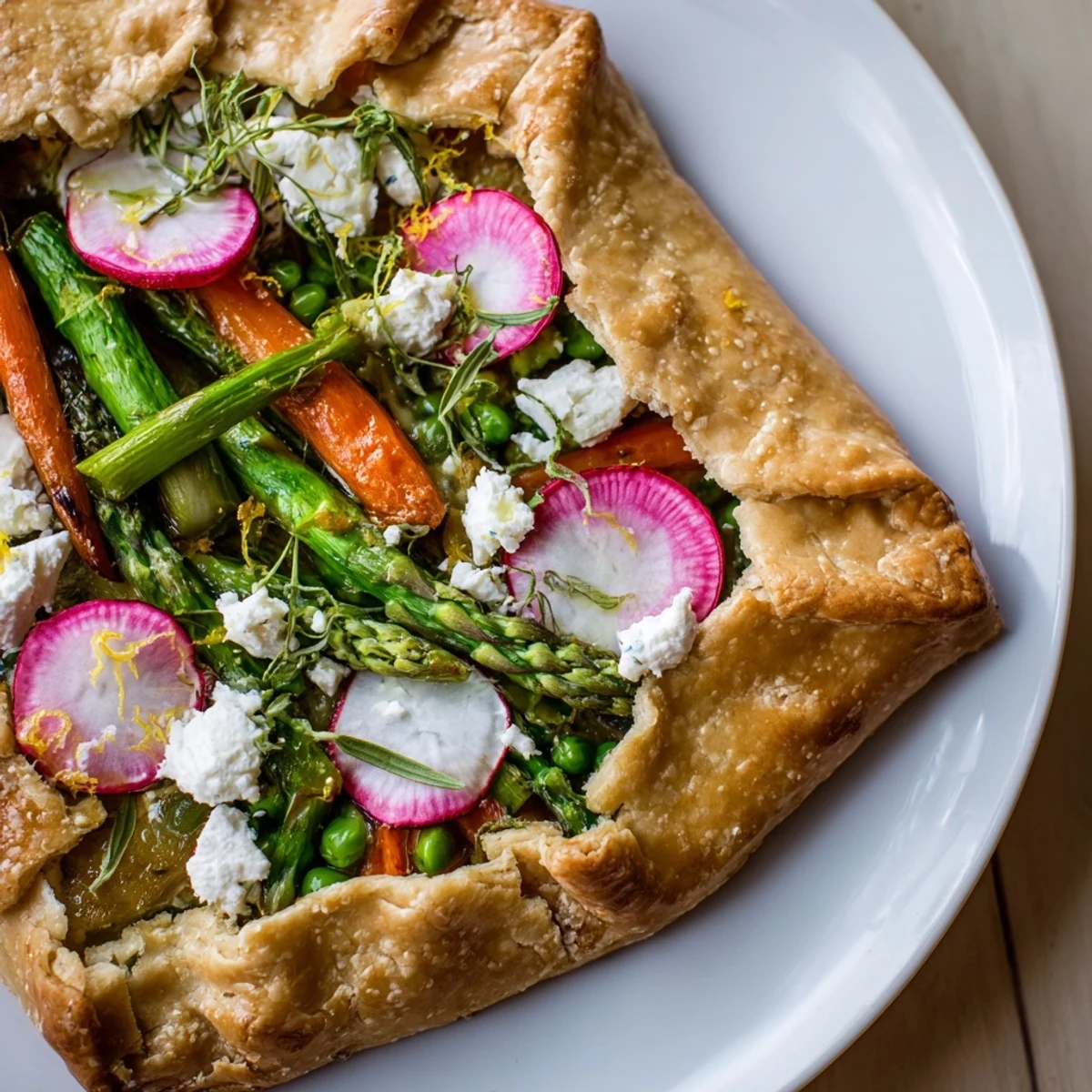 Freshly baked Spring Vegetable Galette with goat cheese on a wooden board, asparagus and radishes peeking from the golden crust. 