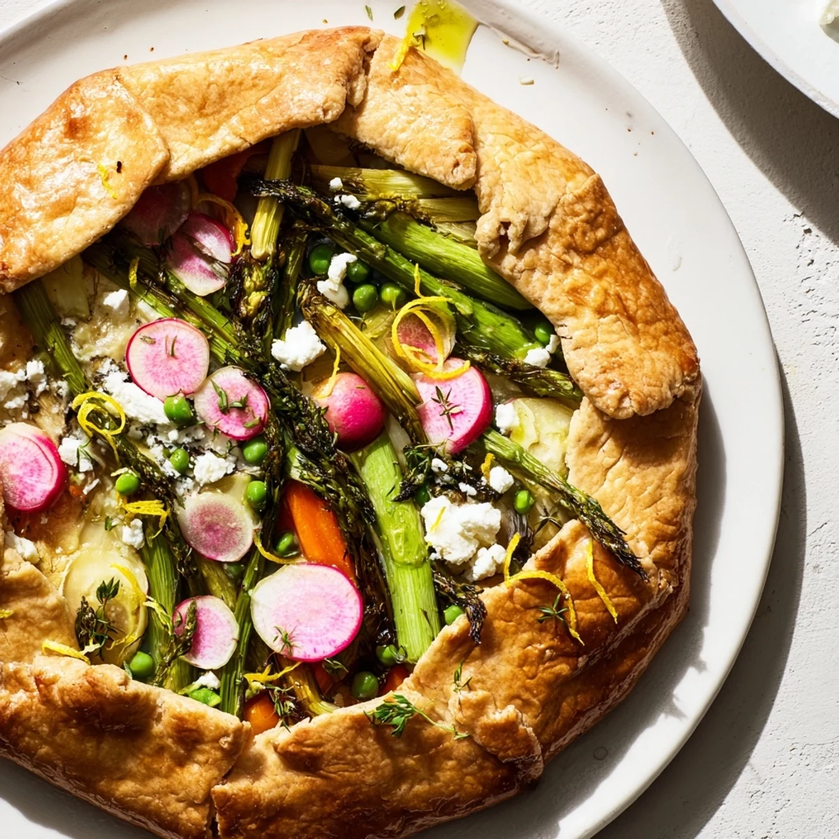 Rustic Spring Vegetable Galette with goat cheese, sliced and served on a white plate with a glass of white wine. 