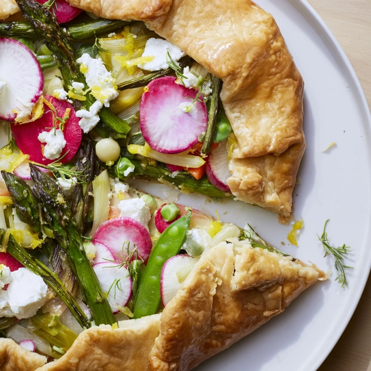 Hands assembling a Spring Vegetable Galette, spreading crumbled goat cheese and fresh spring vegetables onto flaky pastry dough.