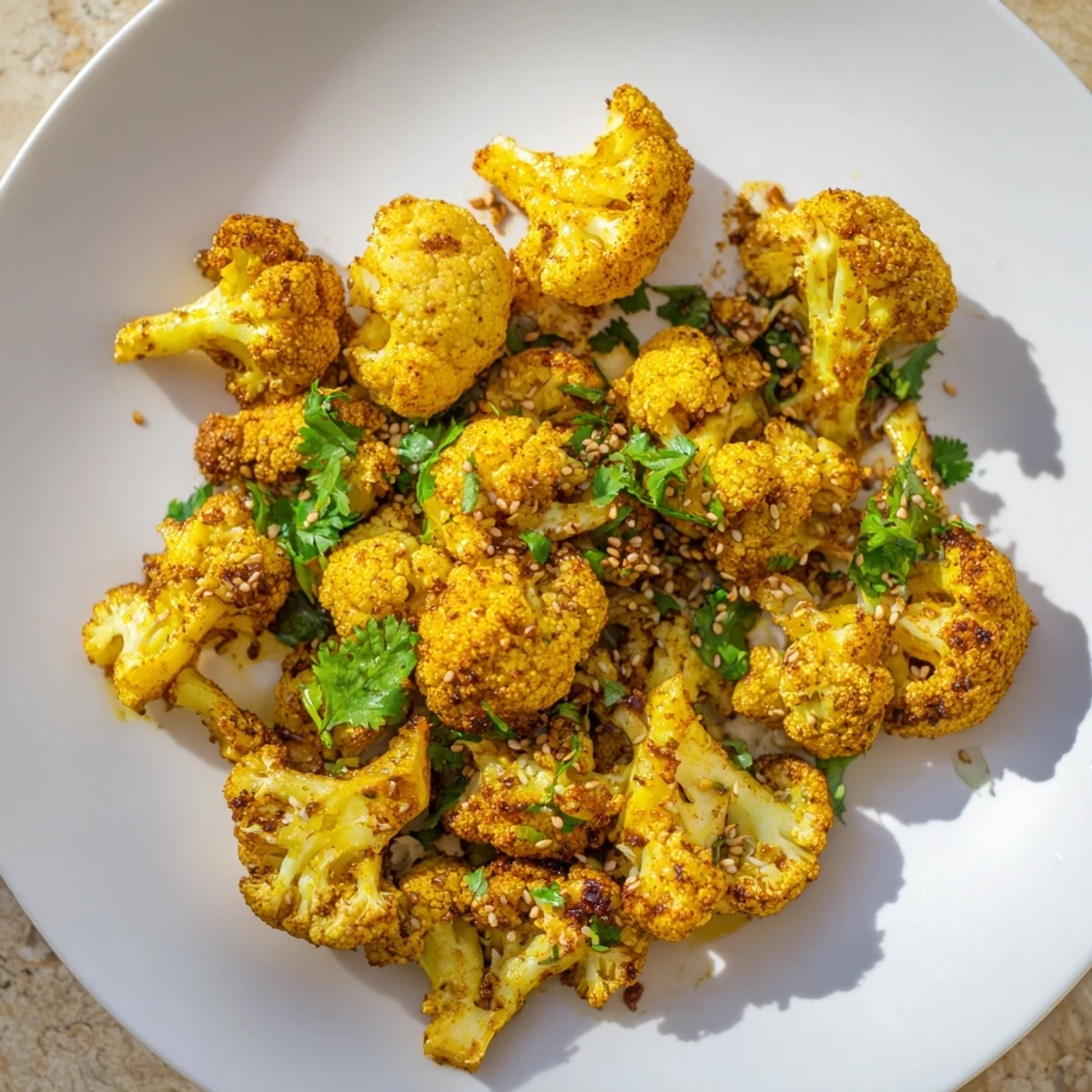 Golden roasted cauliflower with turmeric sprinkled with fresh cilantro and sesame seeds, served warm.