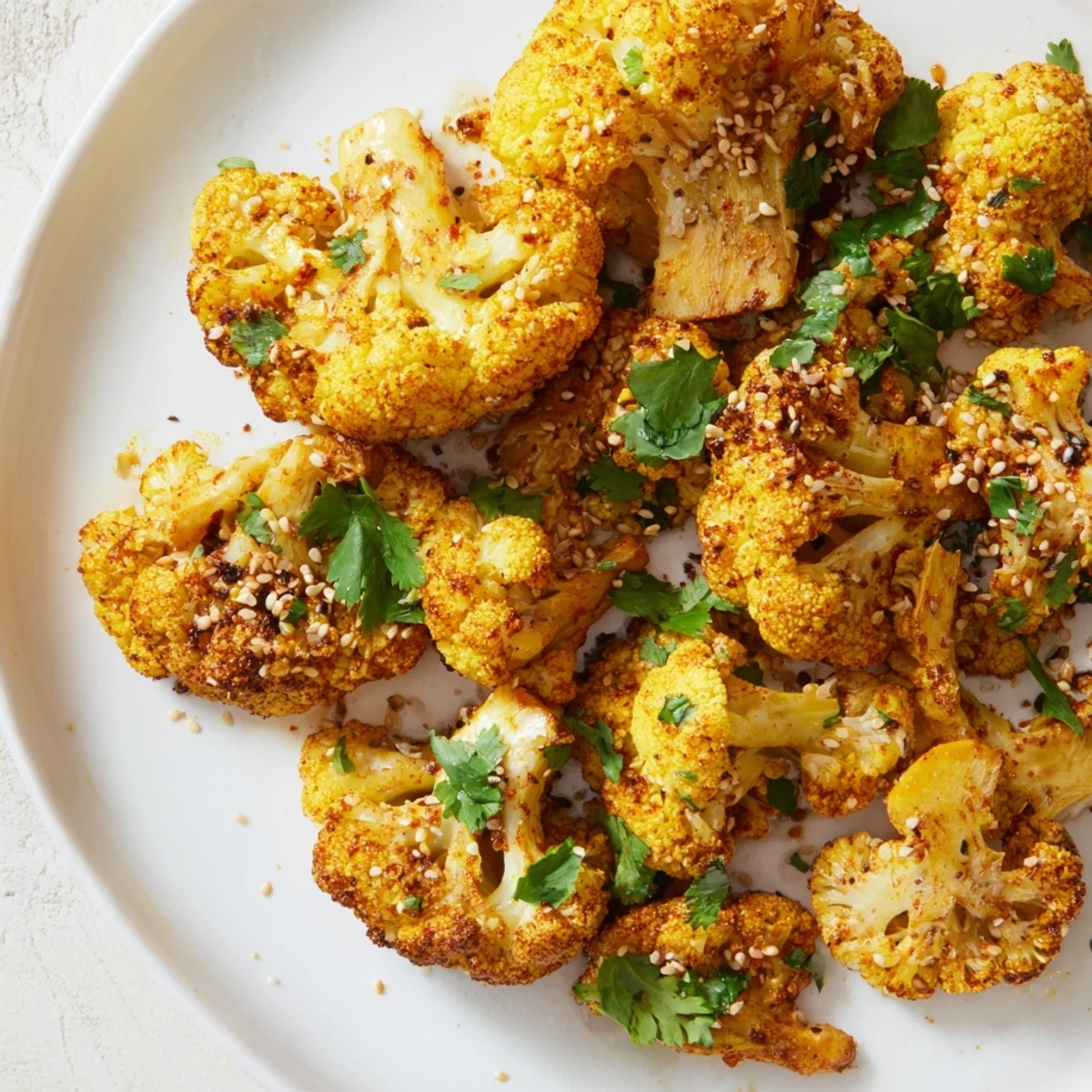 Warm roasted cauliflower with turmeric, brightened with lemon juice and finished with sesame seeds.