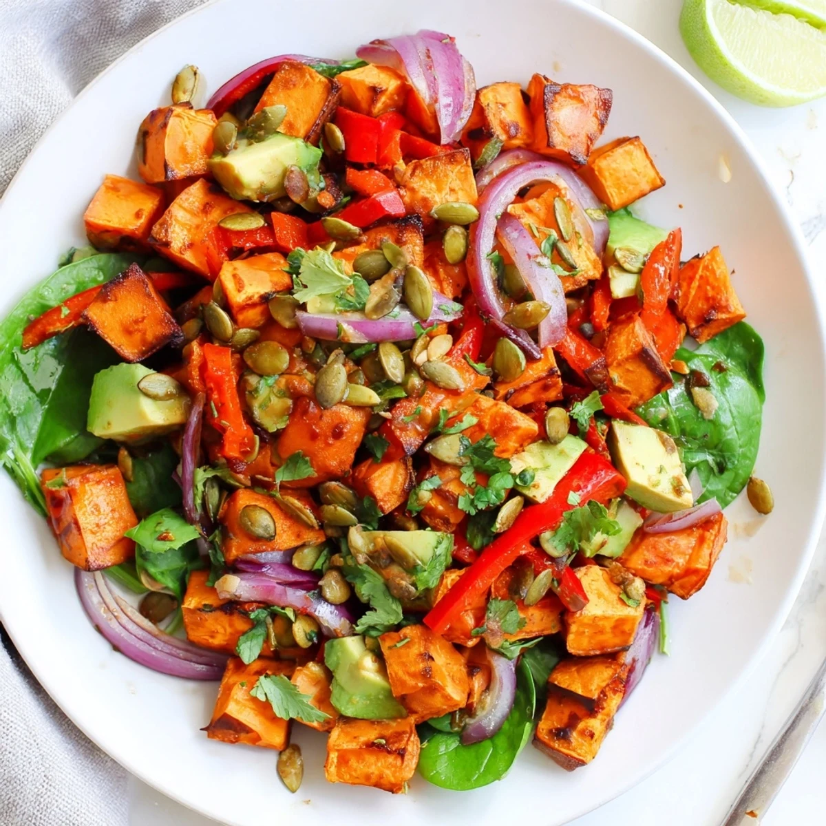 Healthy vegetarian roasted sweet potato salad with cilantro, red onion, and pepitas for a vibrant lunch or side dish.