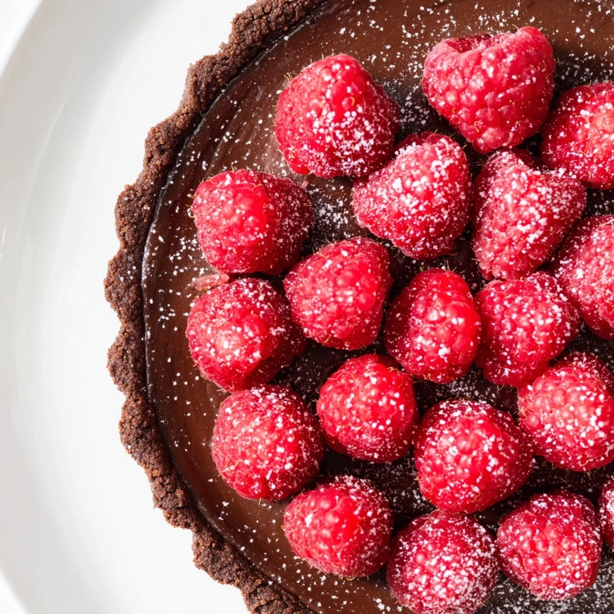 Freshly baked Chocolate Raspberry Tart with a rich, glossy ganache filling and jewel-like raspberries on top, dusted with powdered sugar.