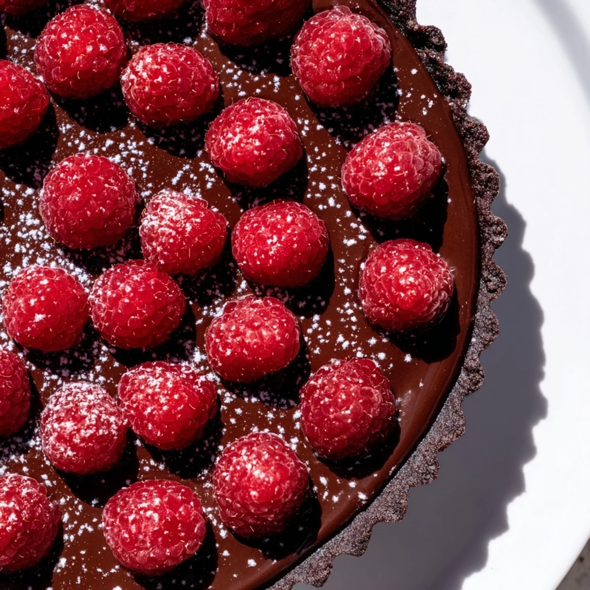 A close-up view of a Chocolate Raspberry Tart slice, showing the crisp chocolate crust and silky ganache layered with ripe berries.