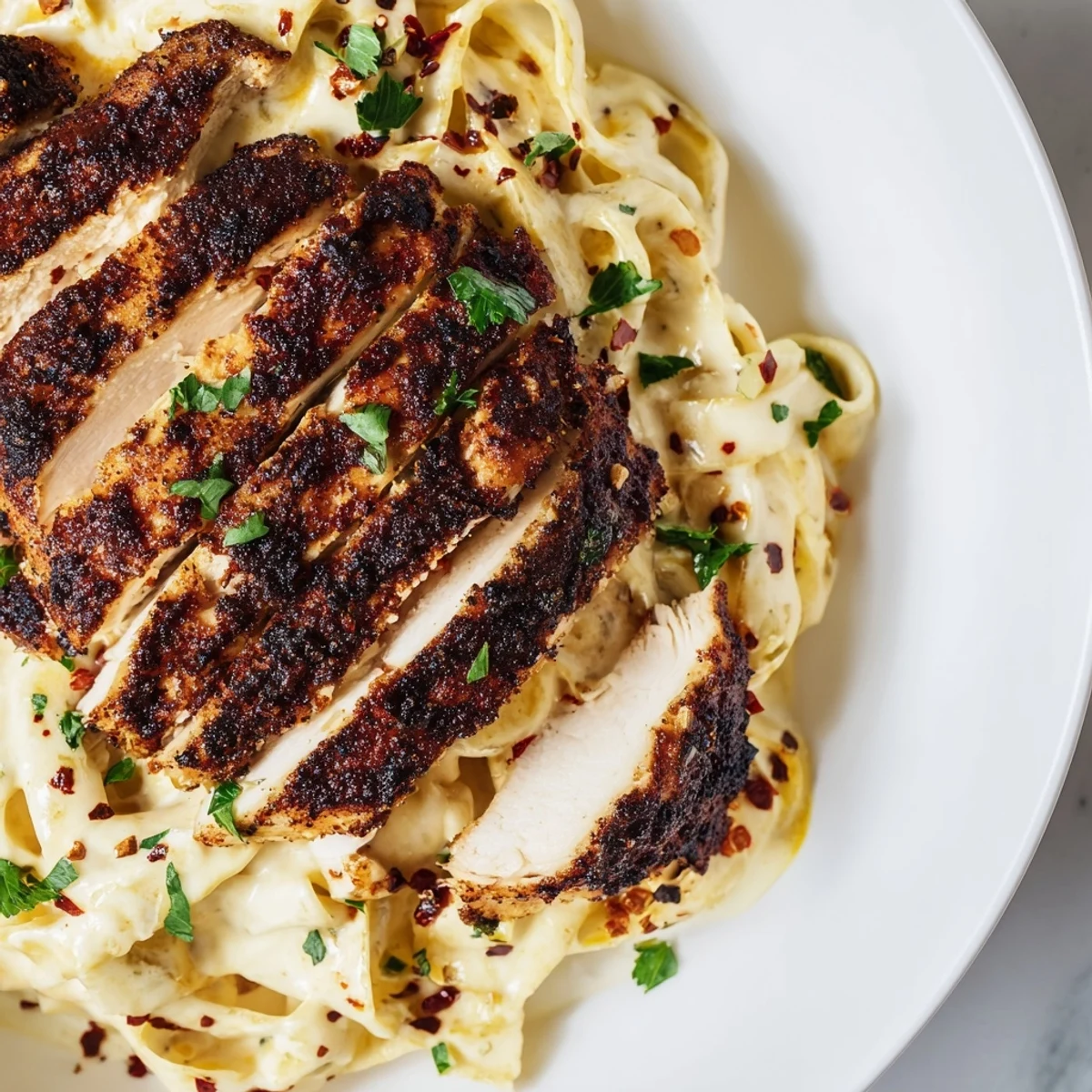 Sliced blackened chicken rests atop creamy Cajun Blackened Chicken Alfredo fettuccine, garnished with fresh parsley and extra Parmesan cheese.