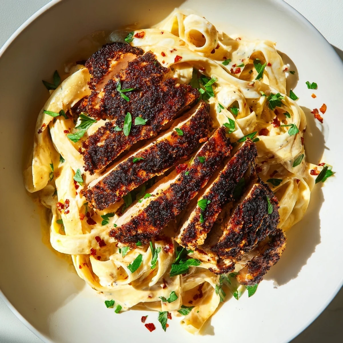Steaming skillet of Cajun Blackened Chicken Alfredo showcases tender seasoned chicken over rich, garlicky Parmesan sauce, perfect for weeknight dinner plates.
