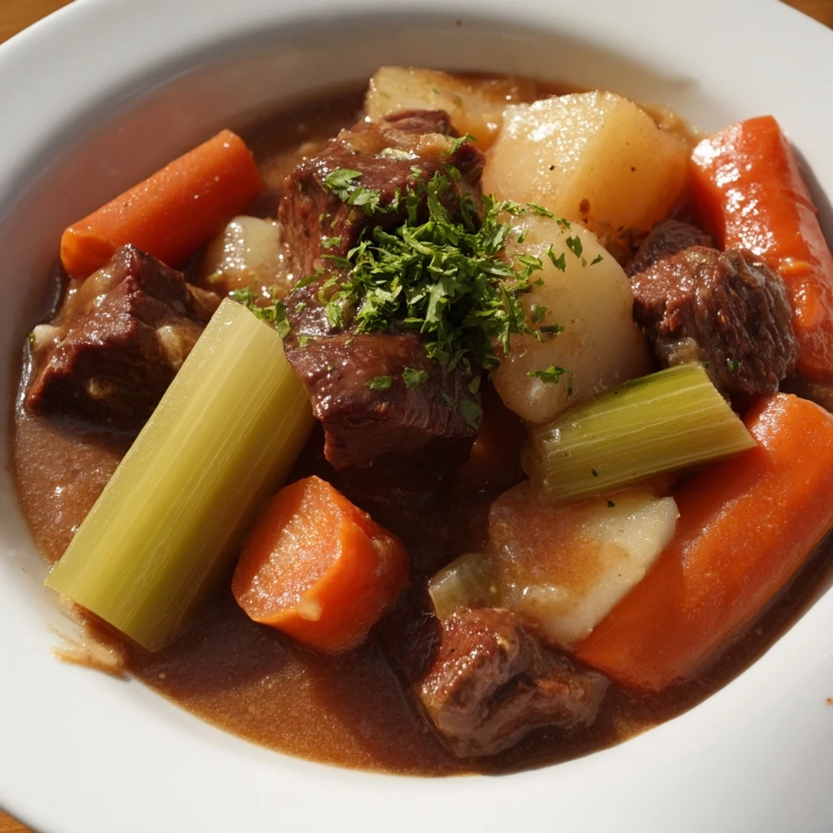 Bowl of steaming Irish Beef and Vegetable Stew with tender beef chunks, carrots, and potatoes, garnished with fresh parsley.