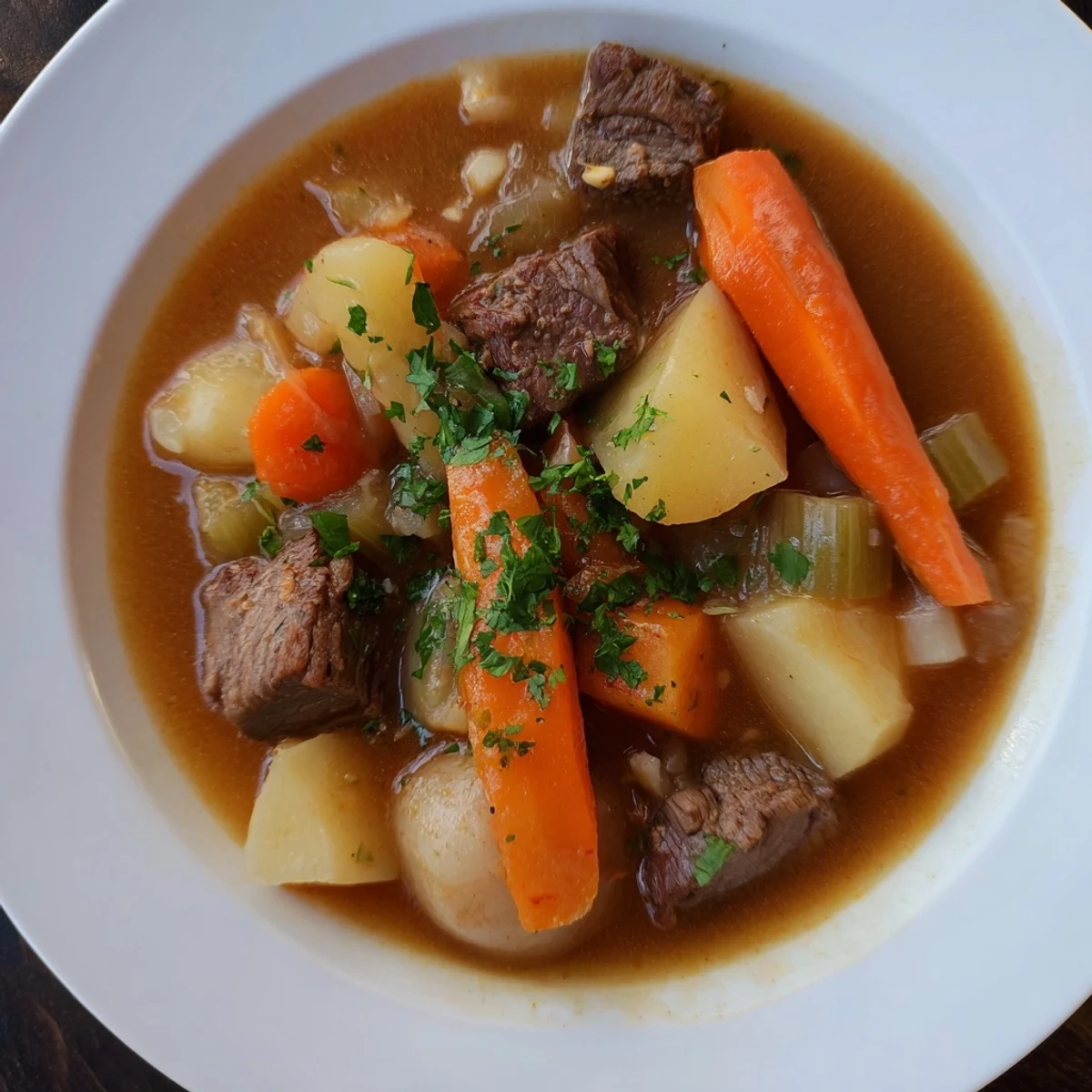 Rustic Dutch oven of Irish Beef and Vegetable Stew bubbling with root vegetables, rich gravy, and thyme, ready to serve.